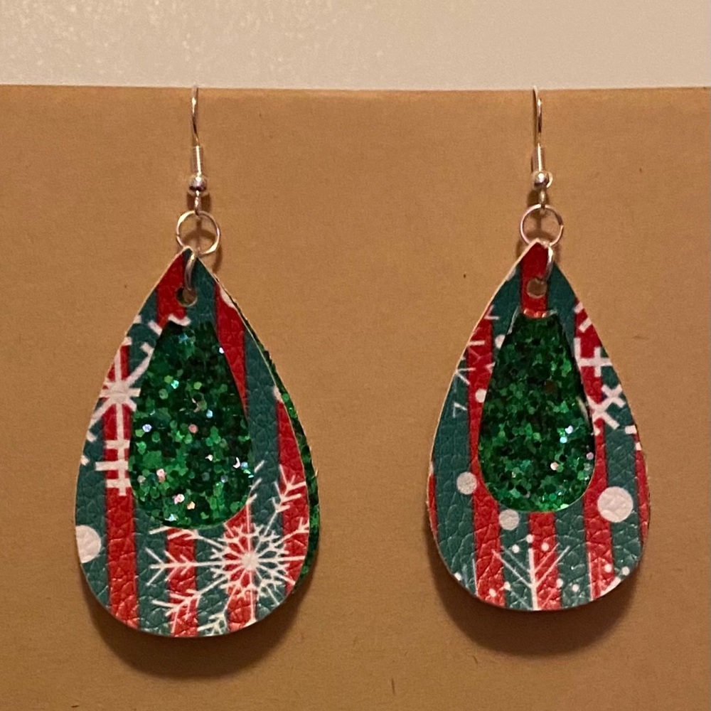 Handmade Faux Leather Earrings- Green Sparkle& Red